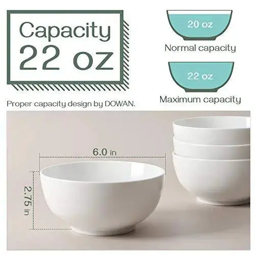DOWAN White Ceramic Bowls 22 OZ, Set of 4 - White