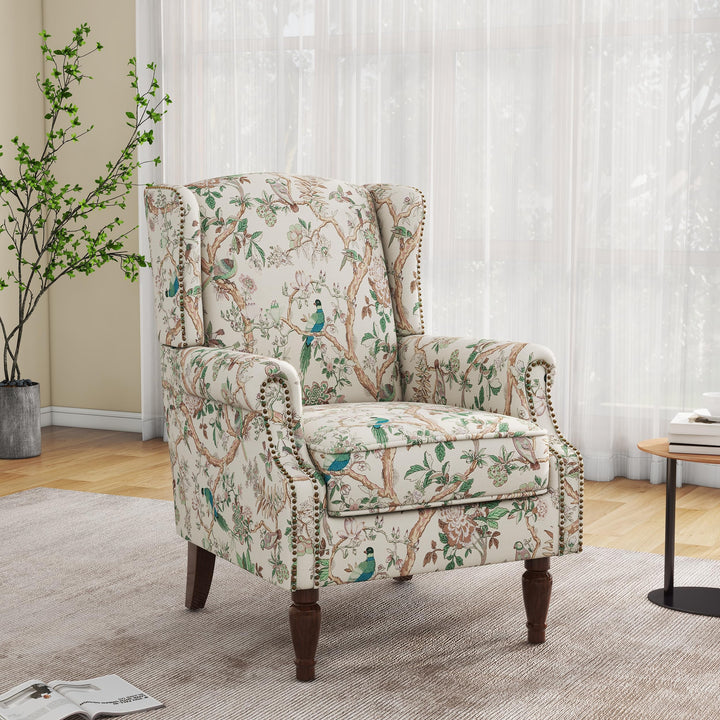 DREAMSIDEA Floral Wingback Accent Chair - Bird Print 