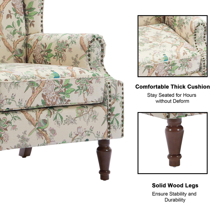 DREAMSIDEA Floral Wingback Accent Chair - Bird Print 