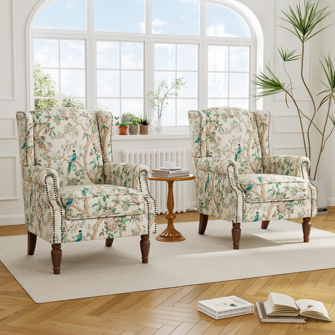 DREAMSIDEA Floral Wingback Accent Chair - Bird Print 