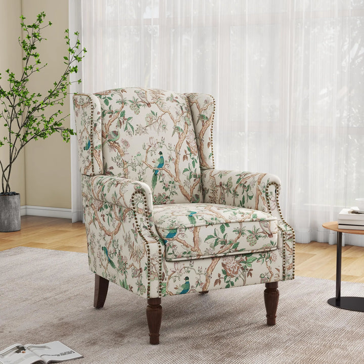 DREAMSIDEA Floral Wingback Accent Chair with Wood Legs, Bird, Set of 1