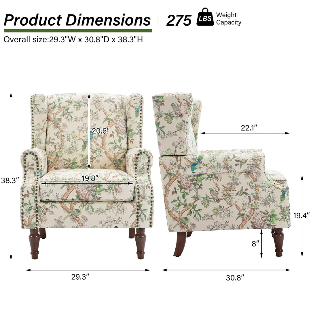 DREAMSIDEA Floral Wingback Accent Chair with Wood Legs, Bird, Set of 1