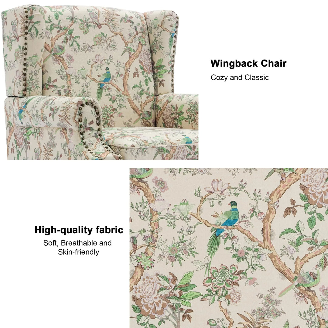 DREAMSIDEA Floral Wingback Accent Chair with Wood Legs, Bird, Set of 1