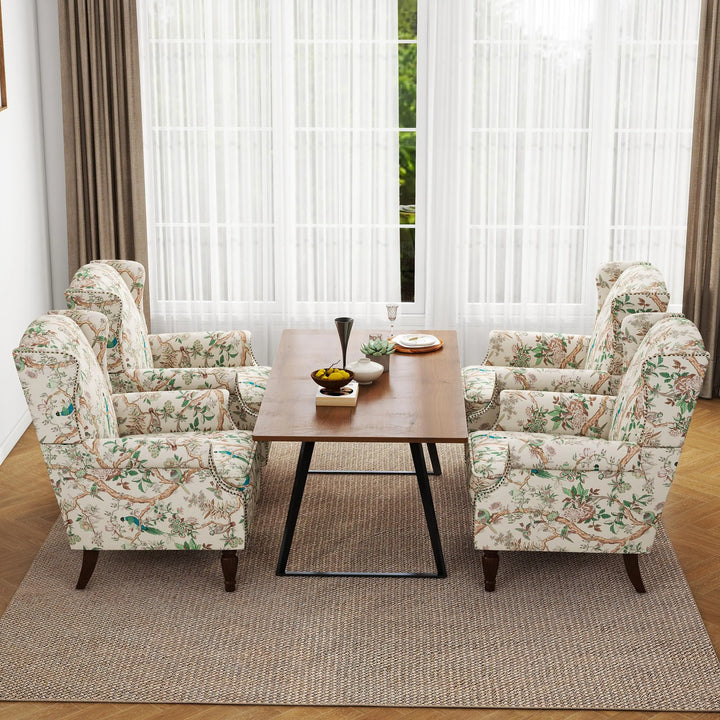 DREAMSIDEA Floral Wingback Accent Chair with Wood Legs, Bird, Set of 1