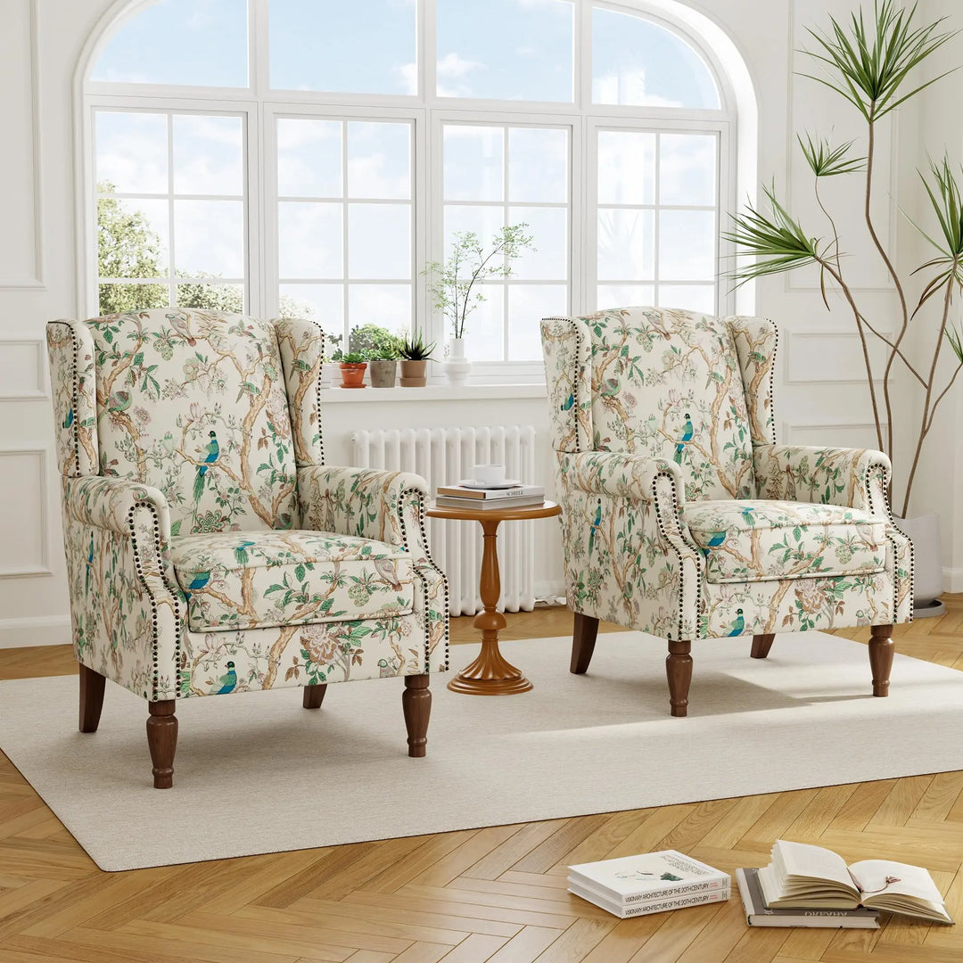DREAMSIDEA Floral Wingback Accent Chair with Wood Legs, Bird, Set of 1