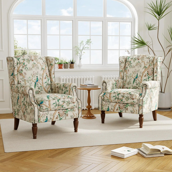 DREAMSIDEA Floral Wingback Accent Chair with Wood Legs, Bird, Set of 1