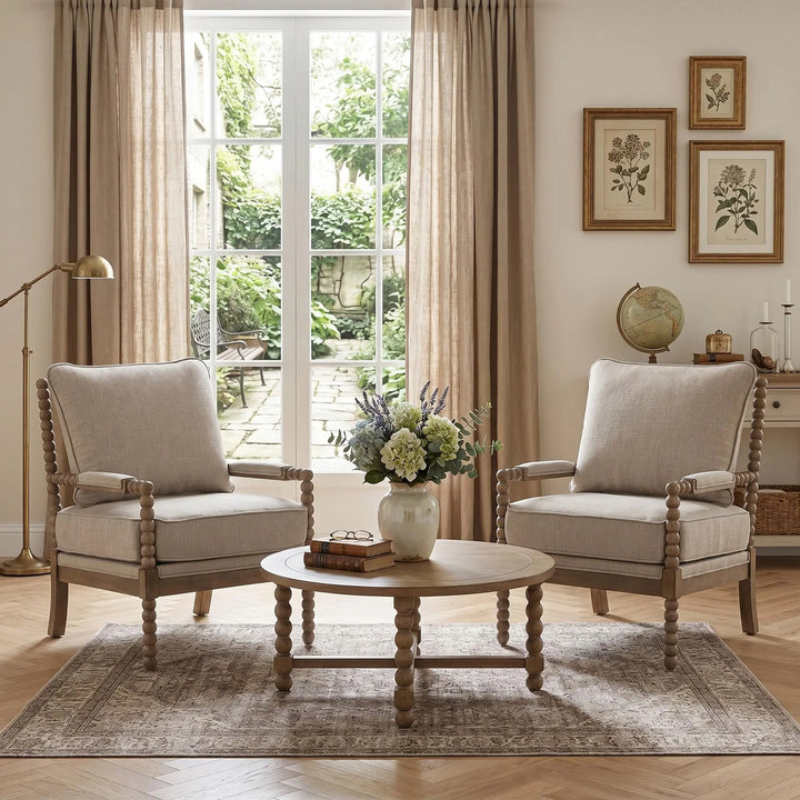 DUHOME Linen Fabric Spindle Accent Chairs, Set of 2, Spool Chair with Armrest