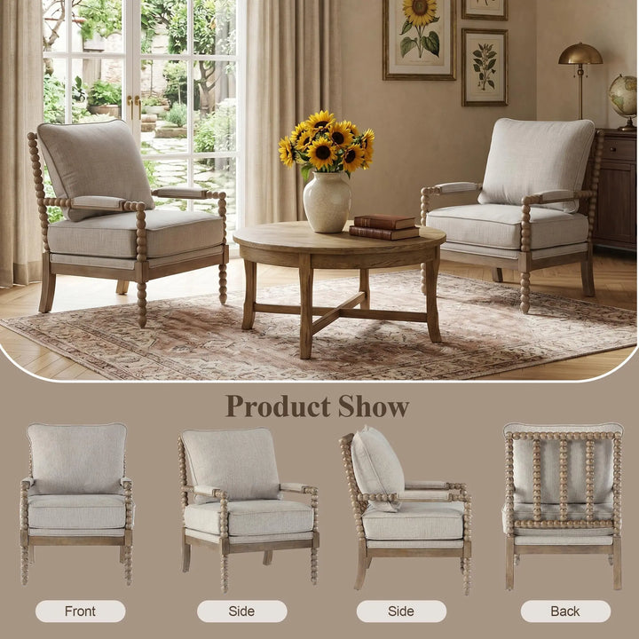 DUHOME Linen Fabric Spindle Accent Chairs, Set of 2, Spool Chair with Armrest