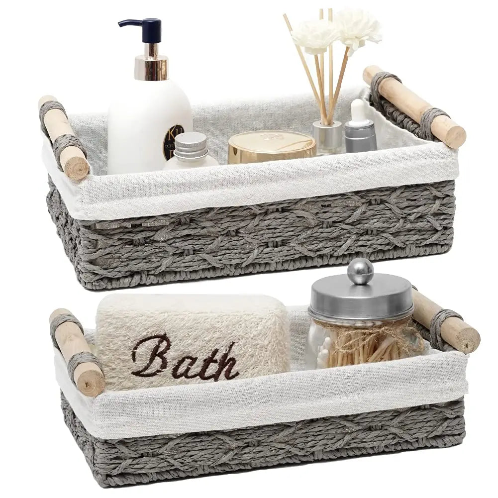 DUOER Storage Basket Wicker Baskets for Organizing Storage Bins for Countertop Toilet Paper Storage Basket for Toilet Tank Top (Set of 2,Grey) 
