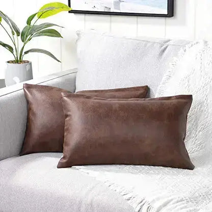 Dark Brown Faux Leather Throw Pillow Covers, 12" x 20" - Set of 2