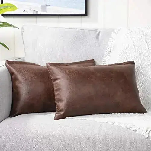 Dark Brown Faux Leather Throw Pillow Covers, 12" x 20" - Set of 2