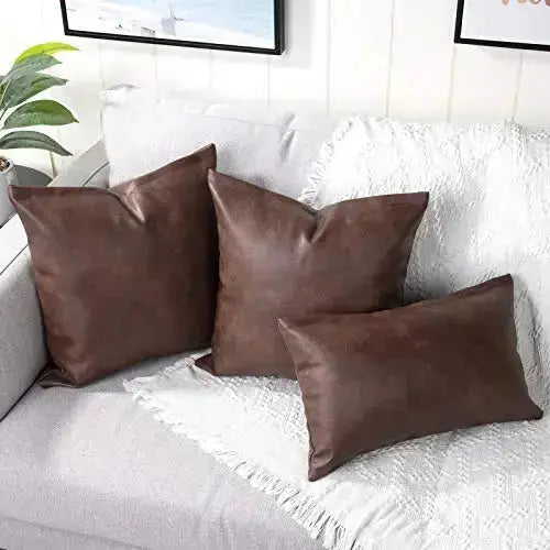 Dark Brown Faux Leather Throw Pillow Covers, 12" x 20" - Set of 2