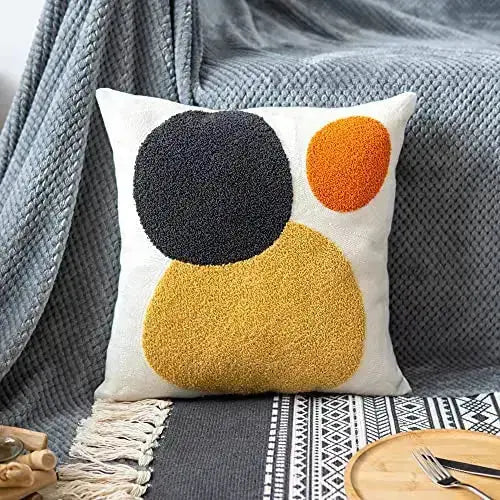 Decorative Geo Boho Colored Throw Pillow Cover | Cotton Textured Cushion Sham, Square 18"x18" - Yellow Orange