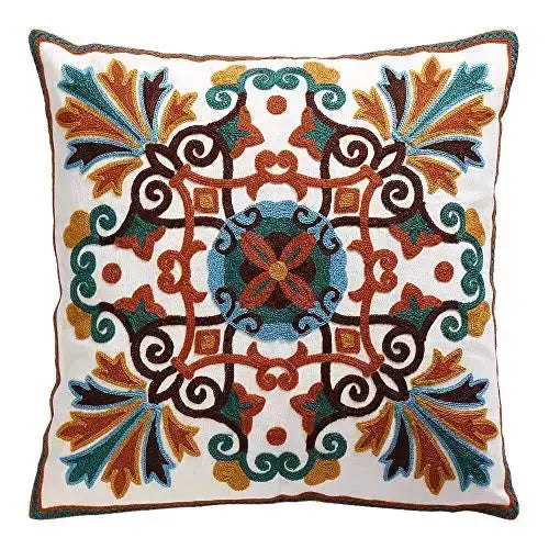 Decorative Modern Farmhouse Boho Style Throw Pillow Cover Embroidered Patterned, 18" x 18" - Multicolor