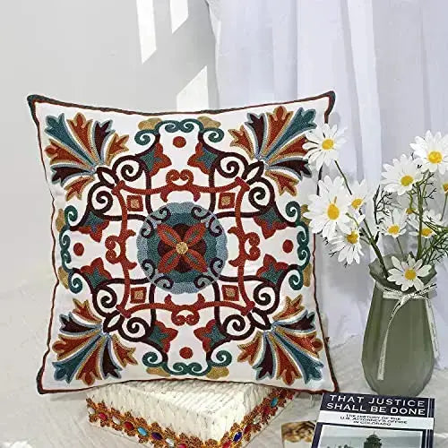 Decorative Modern Farmhouse Boho Style Throw Pillow Cover Embroidered Patterned, 18" x 18" - Multicolor