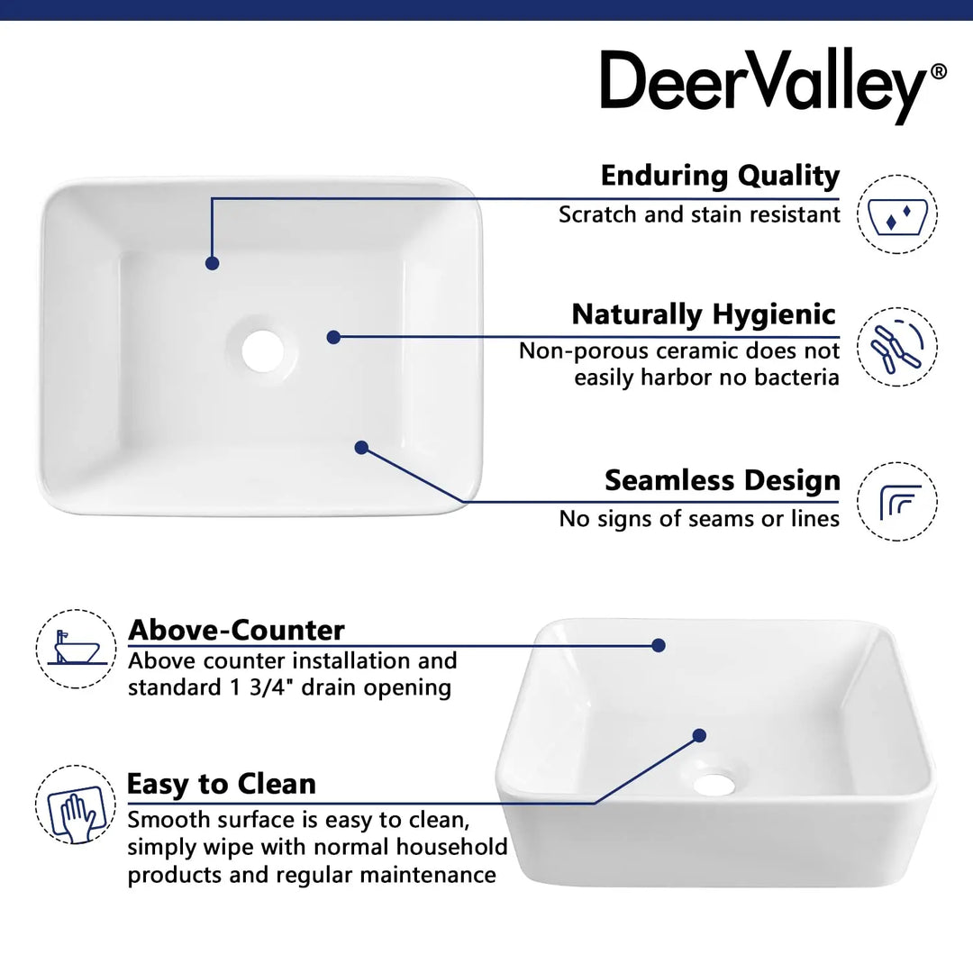 DeerValley Bathroom Vessel Sink White 16"x12" Rectangle Basin DV-1V0048 