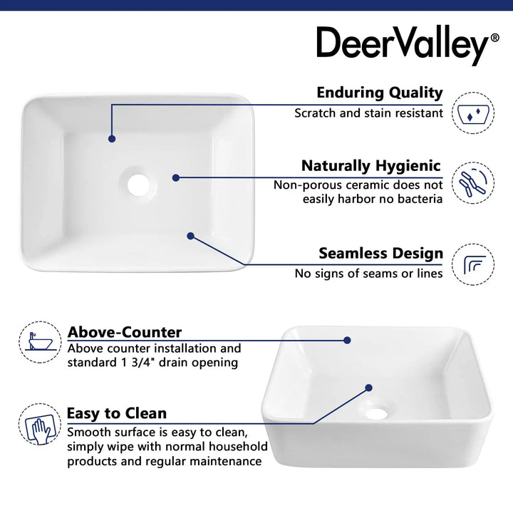DeerValley Bathroom Vessel Sink White 16"x12" Rectangle Basin DV-1V0048 