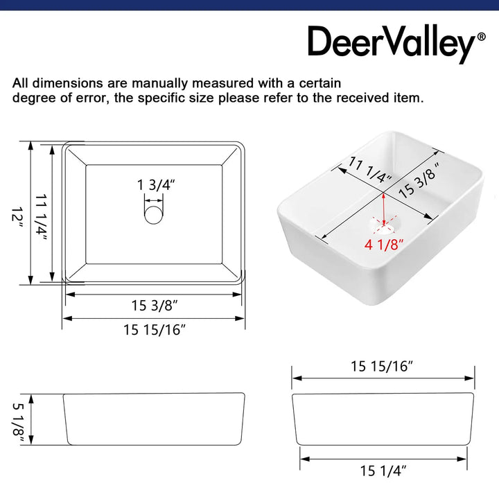 DeerValley Bathroom Vessel Sink White 16"x12" Rectangle Basin DV-1V0048 