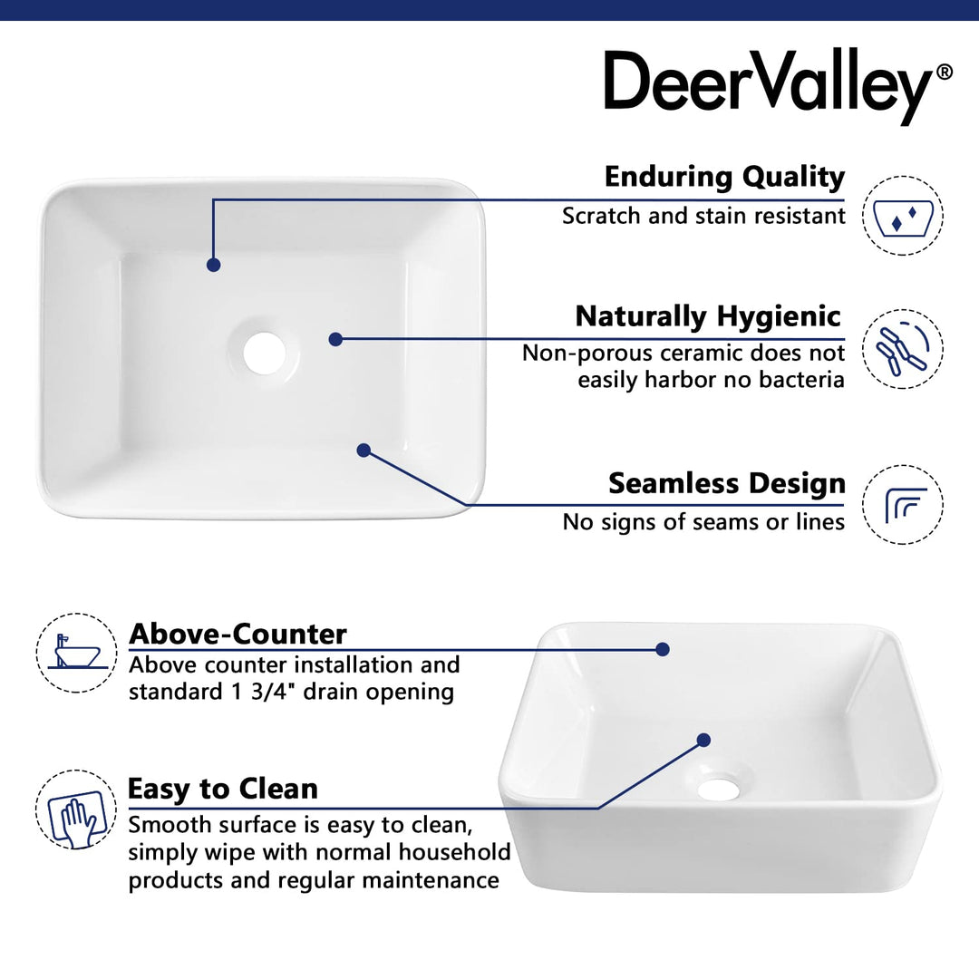 DeerValley Bathroom Vessel Sink White 16"x12" Rectangle Basin DV-1V0048 