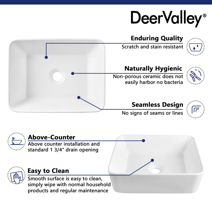 DeerValley Bathroom Vessel Sink White 16"x12" Rectangle Basin DV-1V0048 