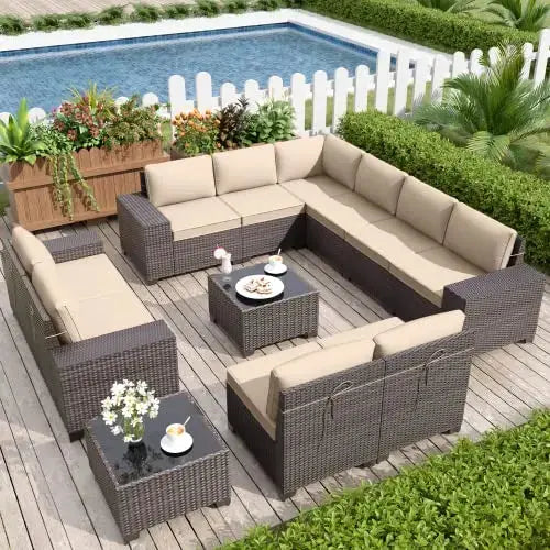 Delnavik Patio Furniture Set 12-PC Wicker Sectional Sofa Set - Sand Delnavik