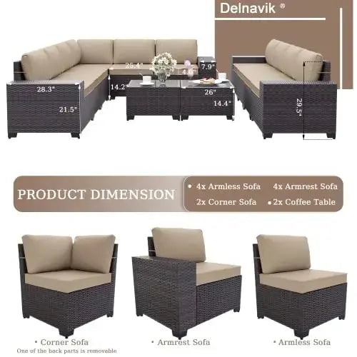 Delnavik Patio Furniture Set 12-PC Wicker Sectional Sofa Set - Sand Delnavik