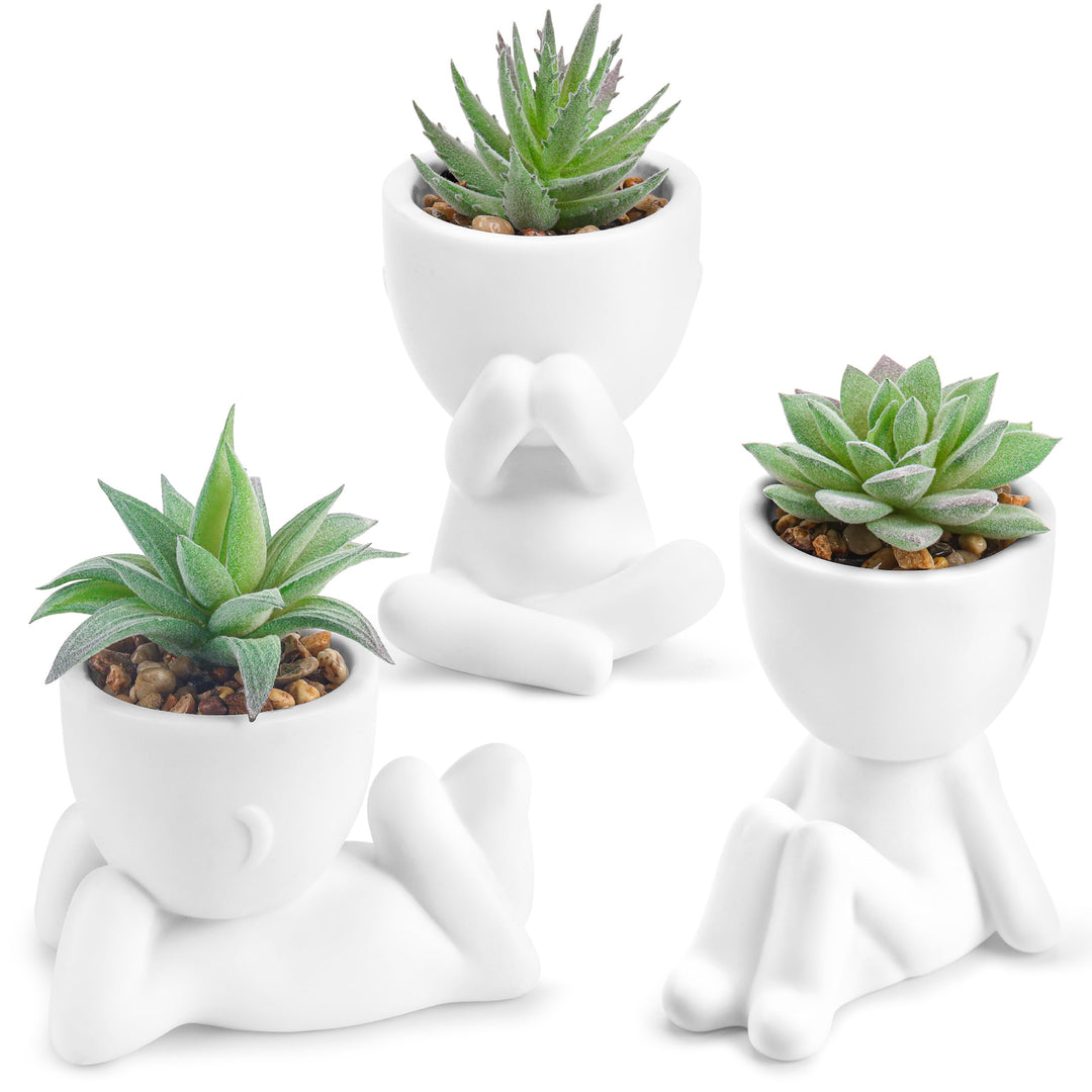 Der Rose 3 Pack Fake Succulents in White Human-Shaped Pots for Desk Decor 