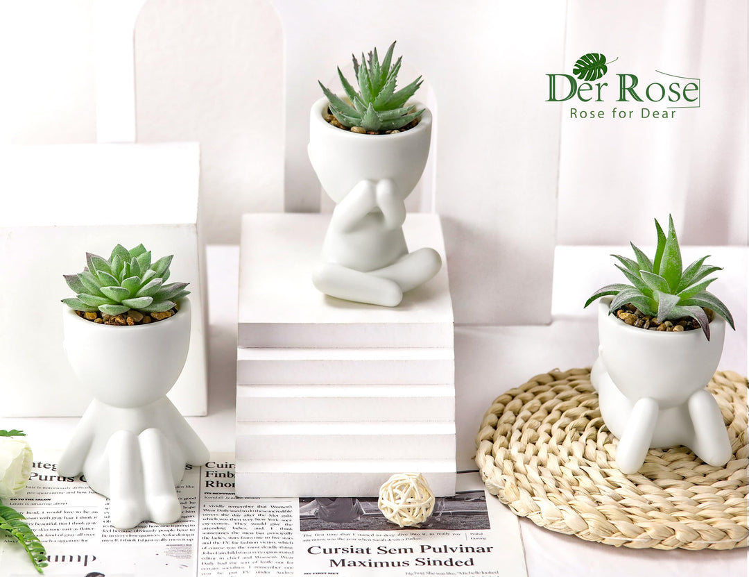 Der Rose 3 Pack Fake Succulents in White Human-Shaped Pots for Desk Decor 