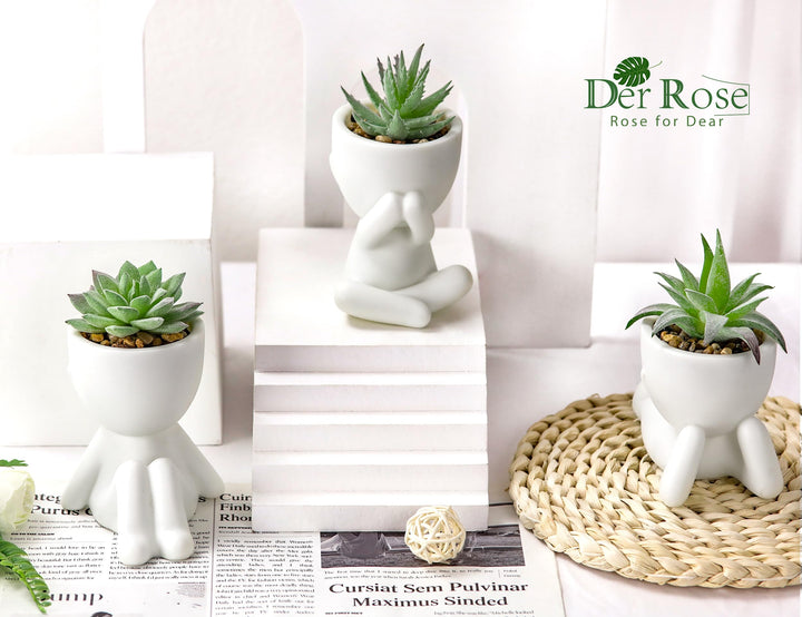 Der Rose 3 Pack Fake Succulents in White Human-Shaped Pots for Desk Decor 