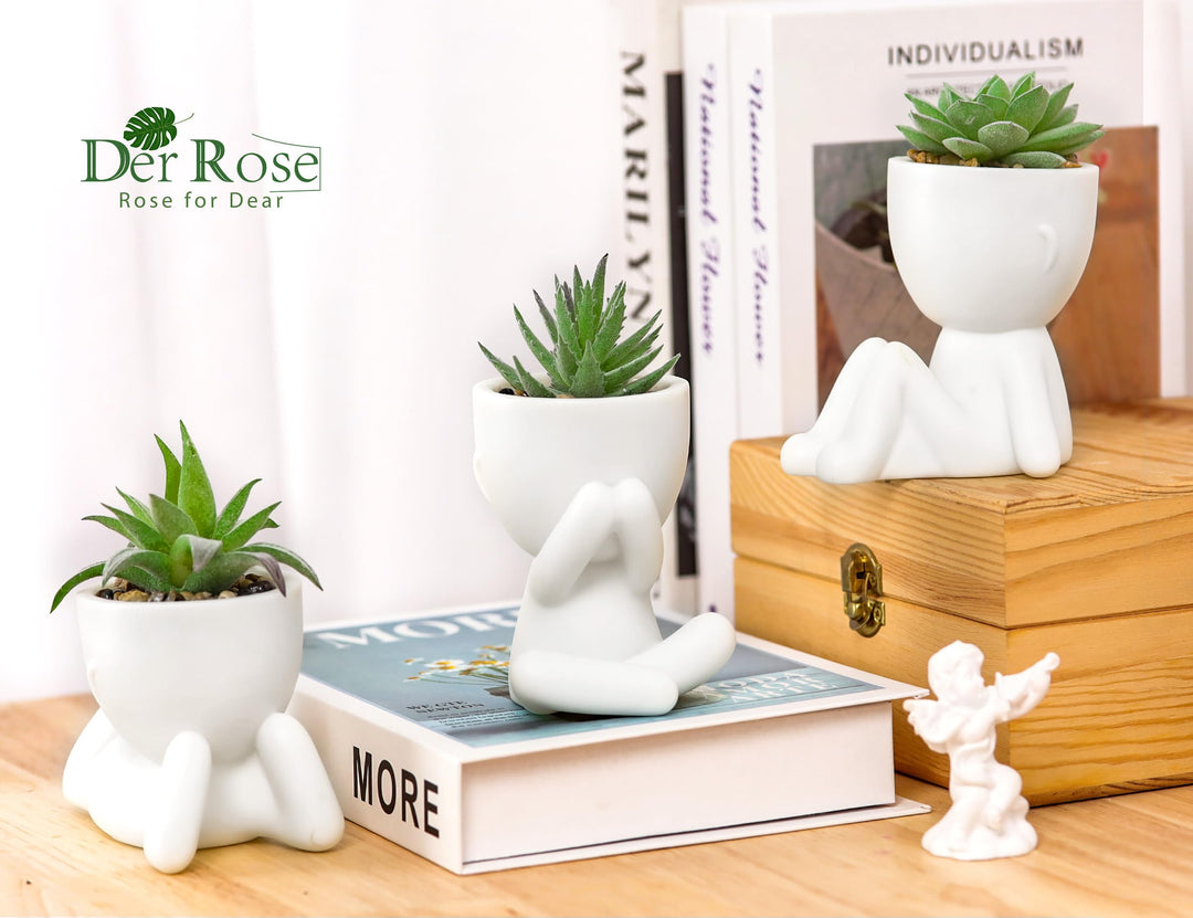Der Rose 3 Pack Fake Succulents in White Human-Shaped Pots for Desk Decor 