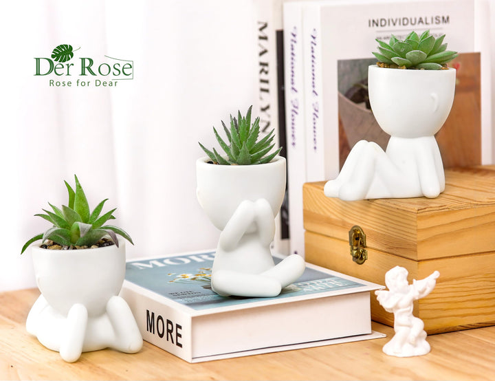 Der Rose 3 Pack Fake Succulents in White Human-Shaped Pots for Desk Decor 