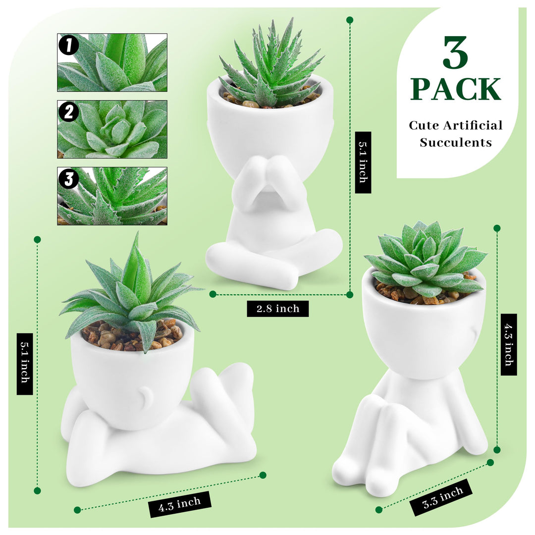 Der Rose 3 Pack Fake Succulents in White Human-Shaped Pots for Desk Decor 