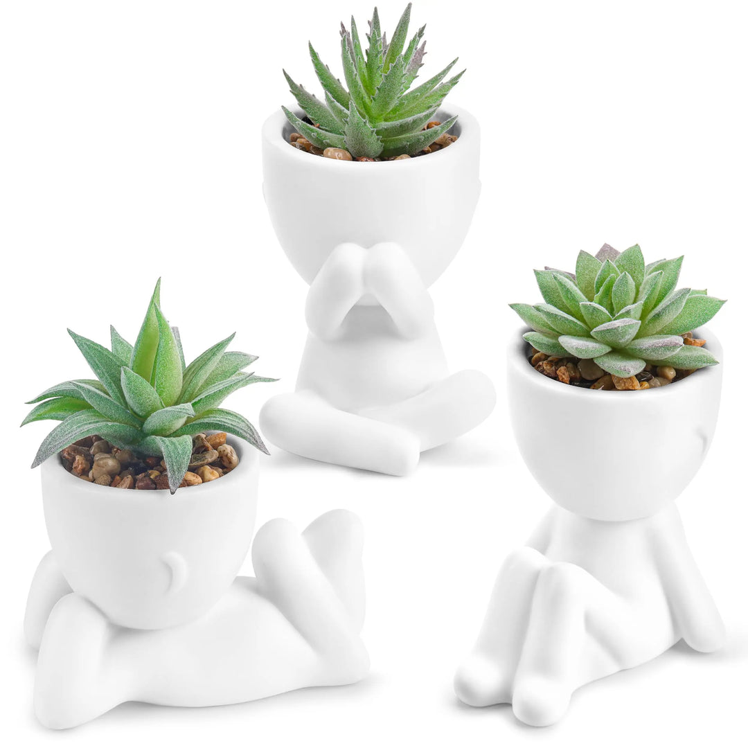 Der Rose 3 Pack Fake Succulents in White Human-Shaped Pots for Desk Decor 