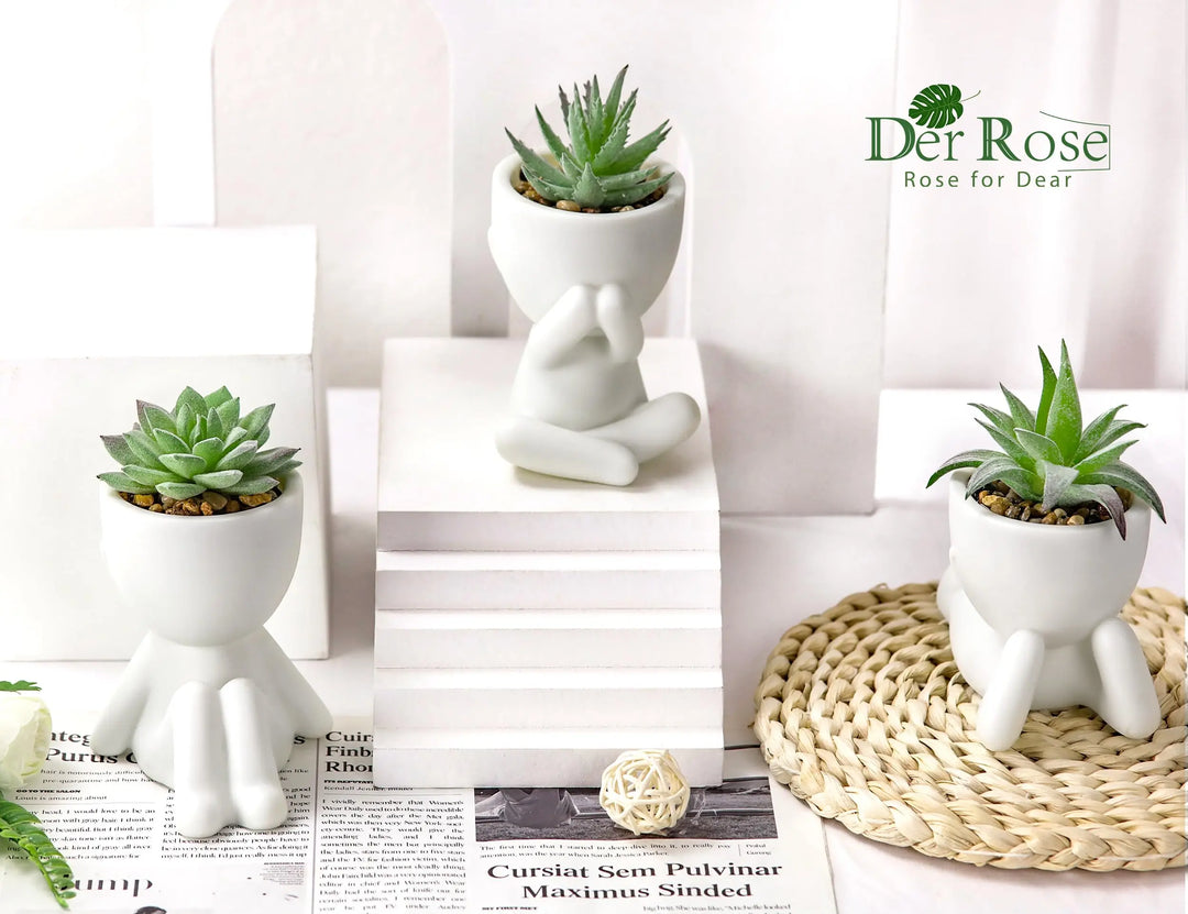 Der Rose 3 Pack Fake Succulents in White Human-Shaped Pots for Desk Decor 