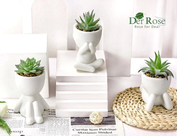 Der Rose 3 Pack Fake Succulents in White Human-Shaped Pots for Desk Decor 