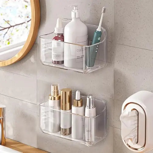 Diesisa 2pc Acrylic Wall Mount Organizer, Adhesive Clear Cabinet Door Organizer,Acrylic Shelves for Wall,No Drilling Hang Walls,with Self Adhesive Tape, for Bathroom, Kitchen, Living Room 