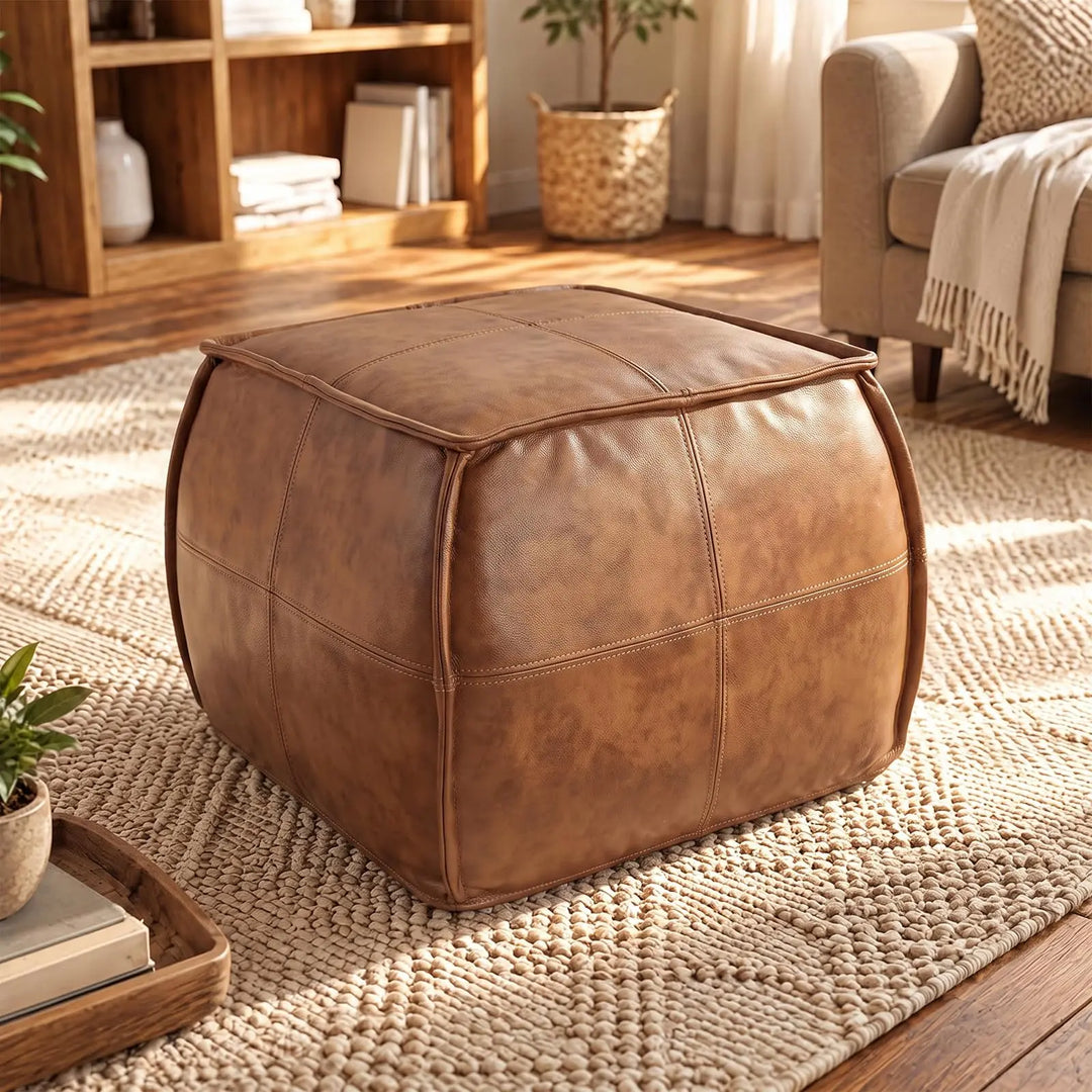 Divanus Genuine Leather Square Ottoman, Pouf for Living Room, Brown