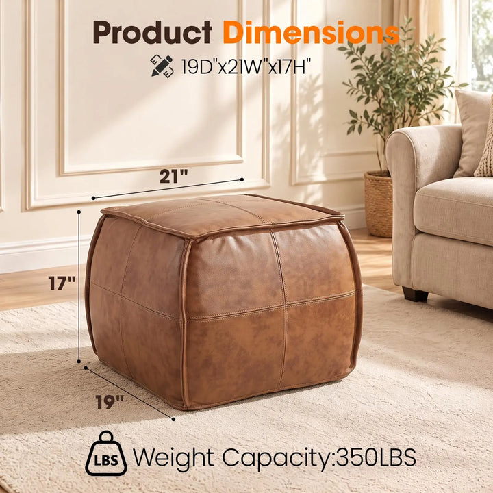 Divanus Genuine Leather Square Ottoman, Pouf for Living Room, Brown