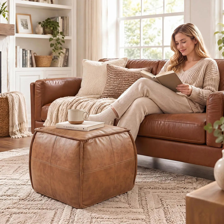 Divanus Genuine Leather Square Ottoman, Pouf for Living Room, Brown