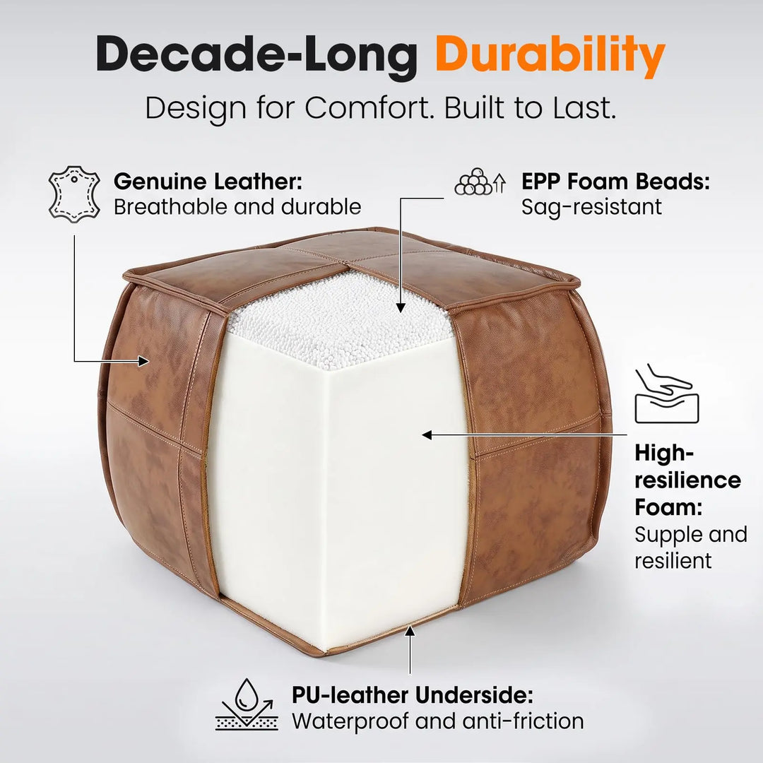 Divanus Genuine Leather Square Ottoman, Pouf for Living Room, Brown