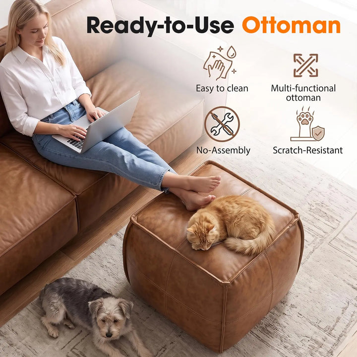 Divanus Genuine Leather Square Ottoman, Pouf for Living Room, Brown