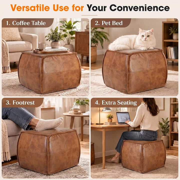 Divanus Genuine Leather Square Ottoman, Pouf for Living Room, Brown