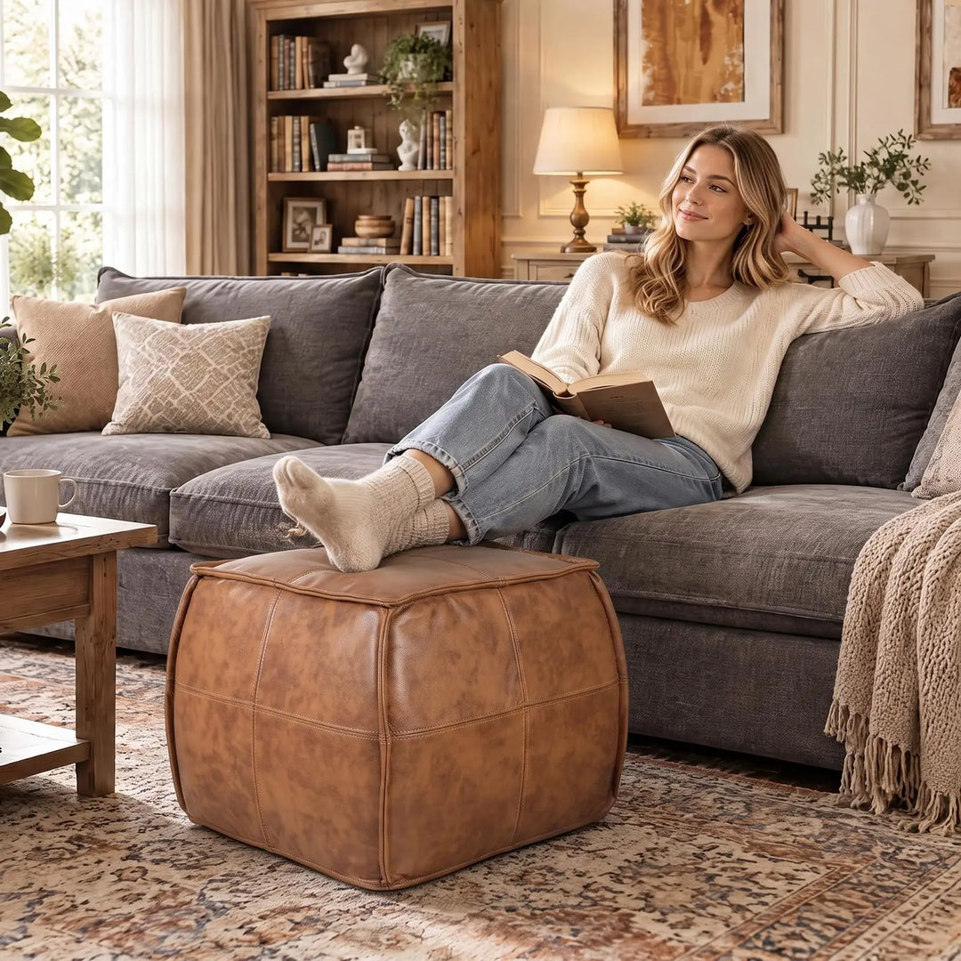 Divanus Genuine Leather Square Ottoman, Pouf for Living Room, Brown