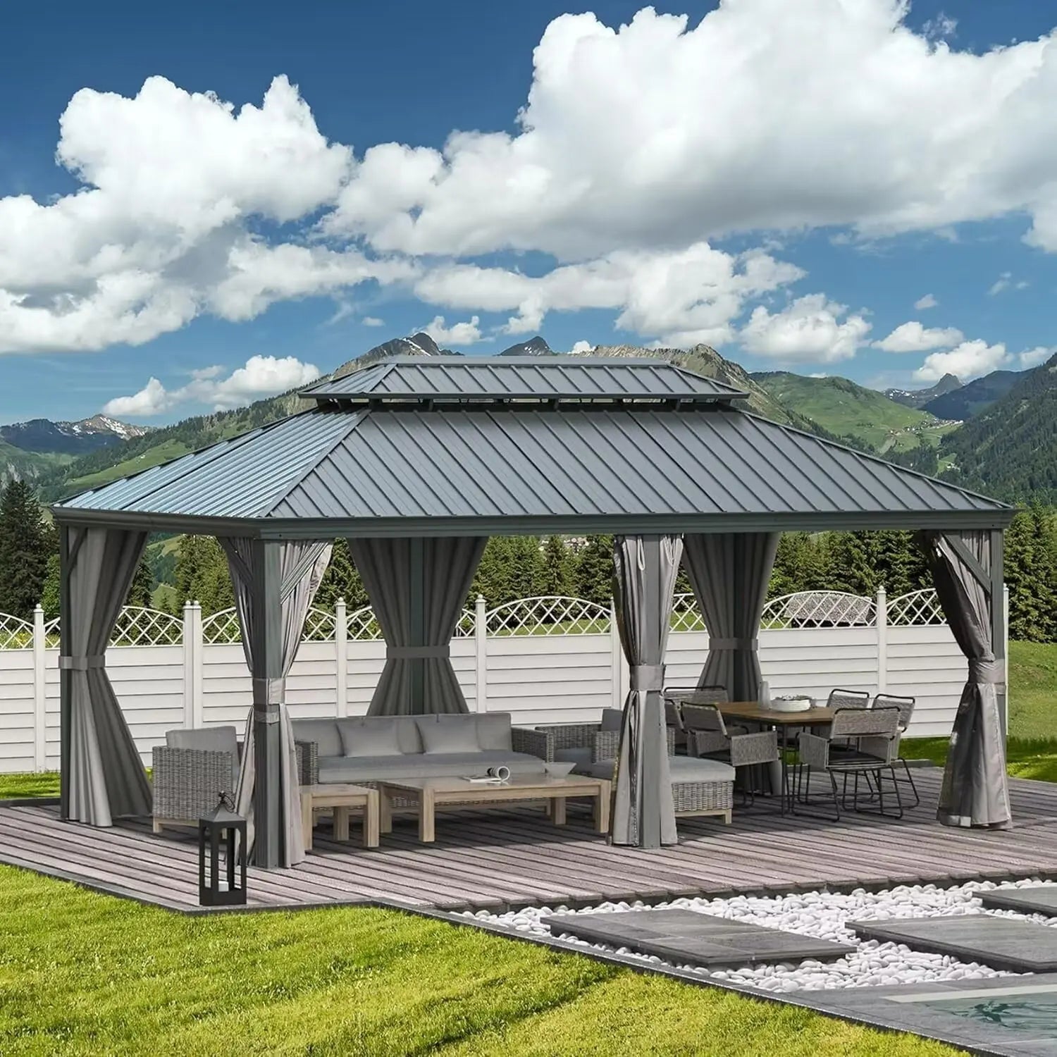 Domi 12'x20' Hardtop Gazebo Canopy,Outdoor Aluminum Gazebo with Galvanized Steel Double Roof,Large Permanent Gazebo Pavilion for Patio Deck Backyard,Curtain and Netting,Grey 