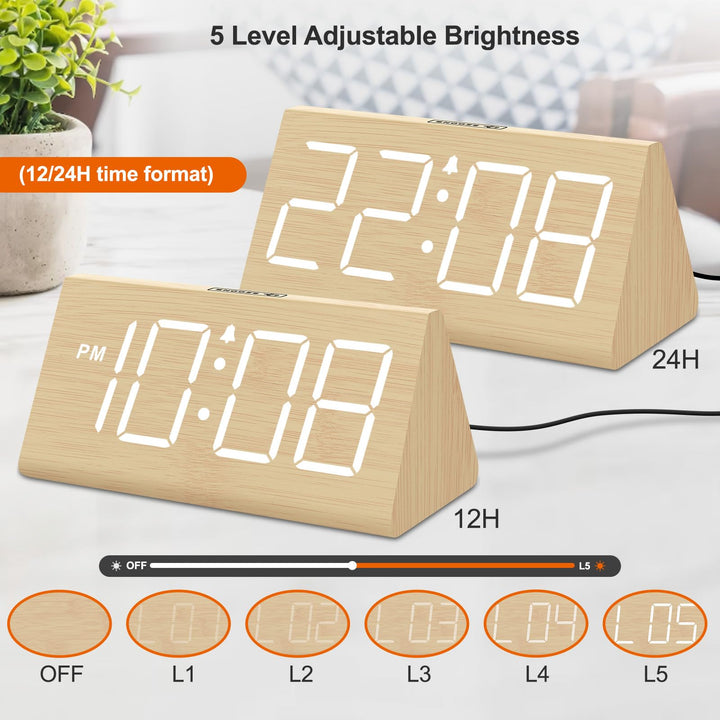 DreamSky Wooden Digital Alarm Clock for Bedrooms Desk with Large Numbers 