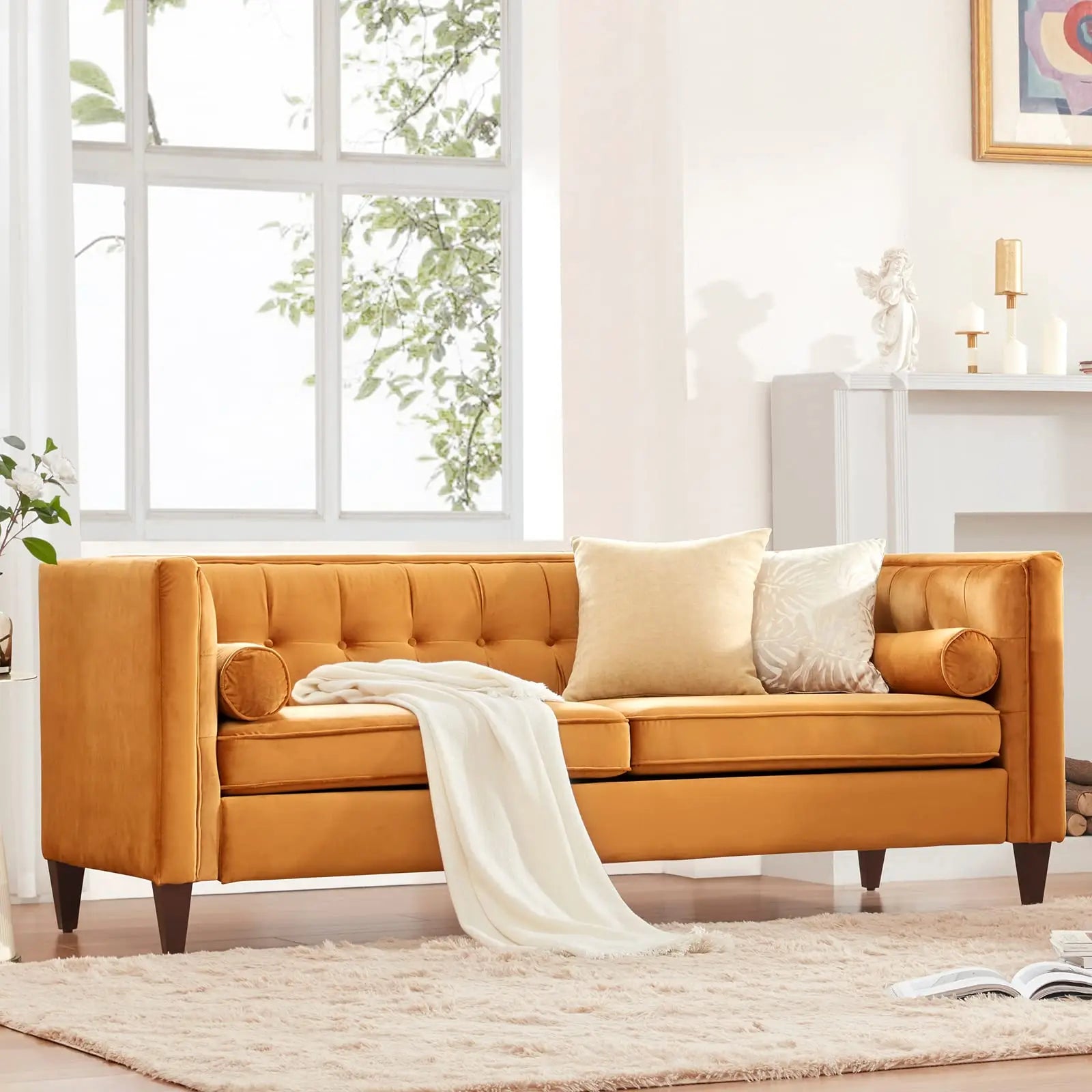 Dreamsir 78'' W Velvet Sofa, Mid-Century Love Seats Sofa with Bolster Pillows, Button Tufted - Ginger 