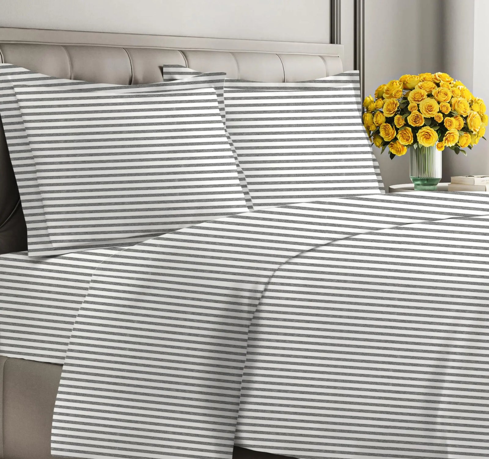 Duvet Cover Queen Size Set - Extra Soft Queen Size Duvet Cover - 90" x 90" Queen Duvet Cover w/ 2 Pillow Shams - Easy Care & Fade Free - Comforter Cover w/ Zipper Closures & Ties (Grey Stripes) 
