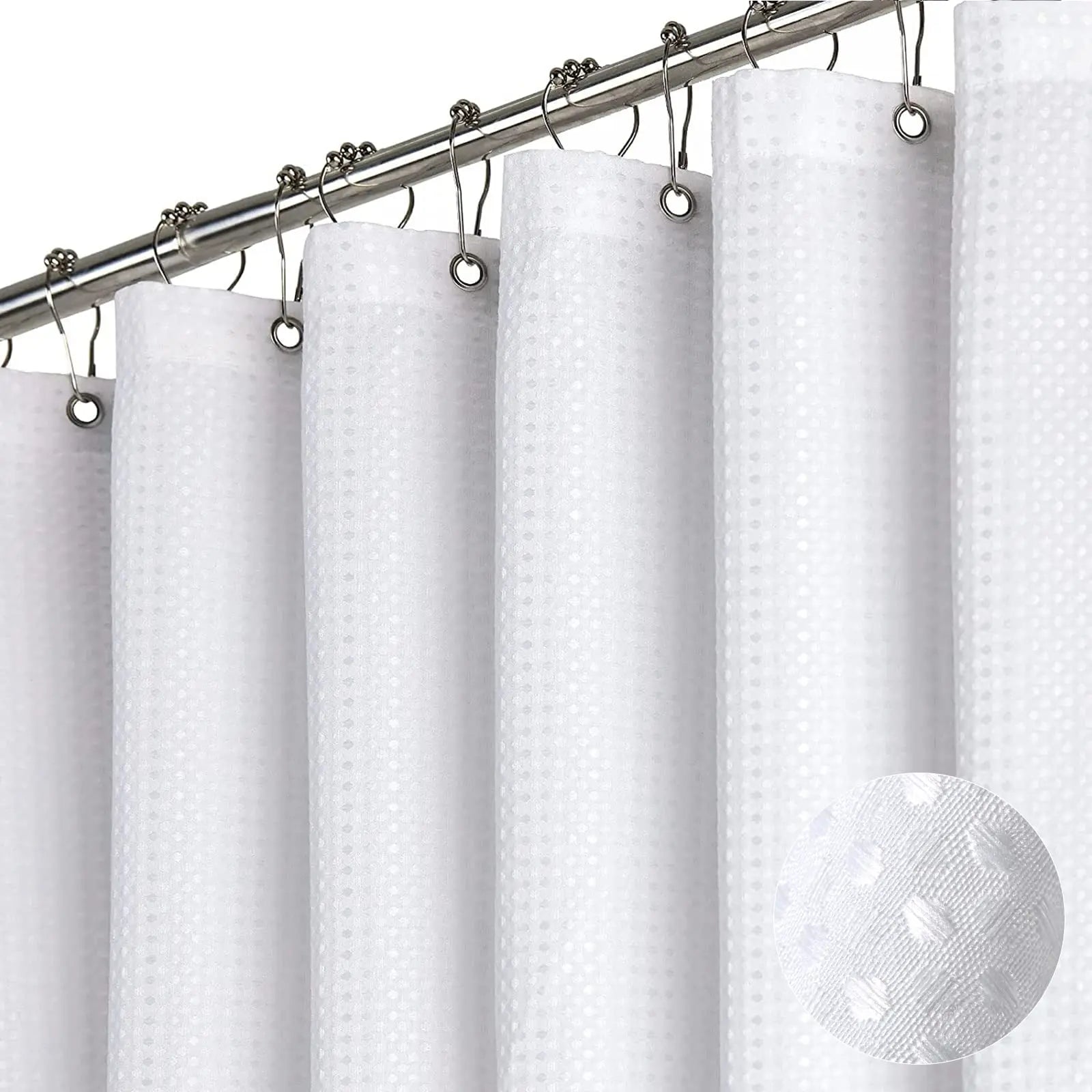 Dynamene White Fabric Shower Curtain， Waffle Weave Heavy Duty Hotel Luxury Cloth Shower Curtains for Bathroom, 72 Inch 256GSM Weighted Bath Curtain Set with 12 Plastic Hooks,72x72 