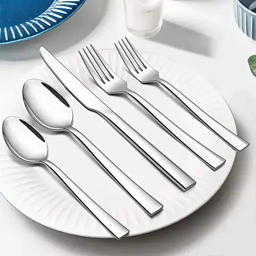 E-Far Silverware 60-Piece Stainless Steel Modern Flatware Set - Silver