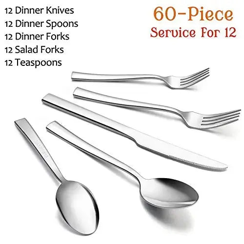 E-Far Silverware 60-Piece Stainless Steel Modern Flatware Set - Silver